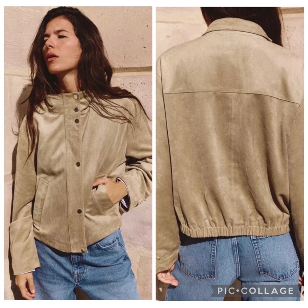 Zara Faux Suede Bomber Jacket Women Large Tan Minimalist Elastic Hem Snap Front